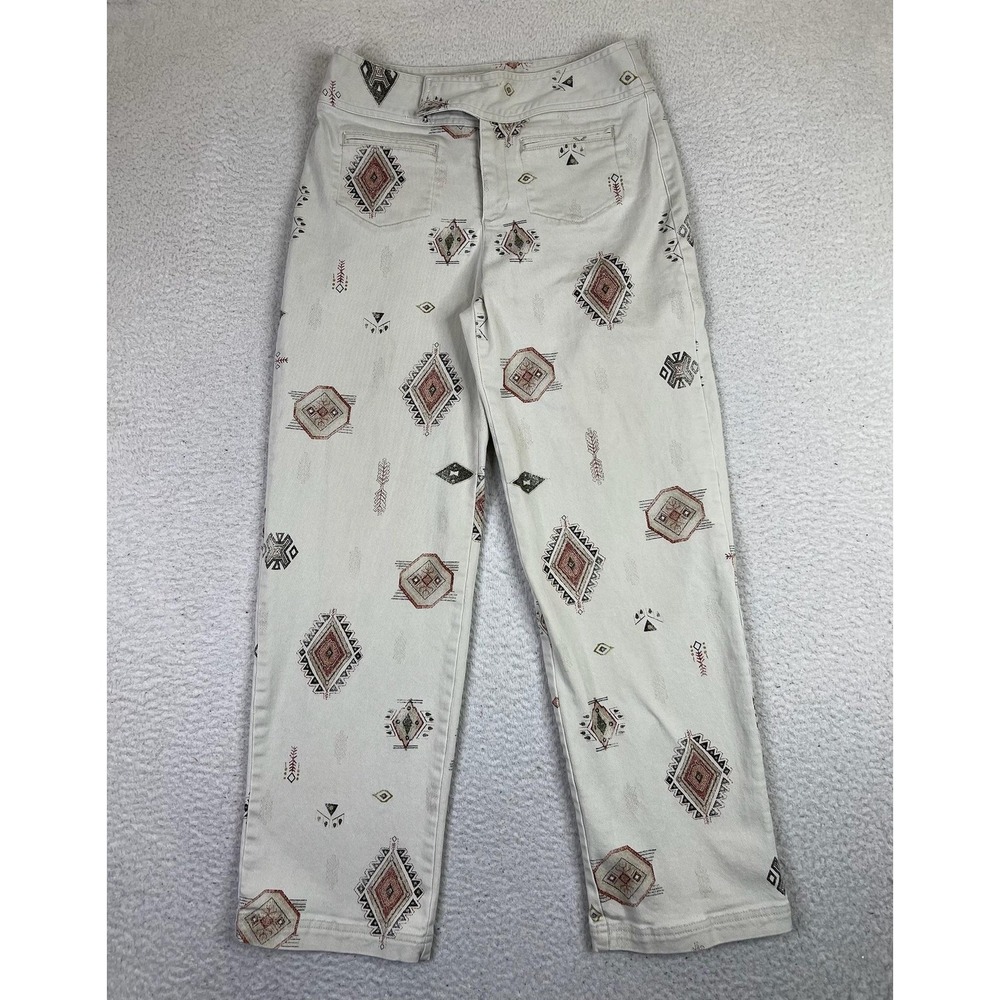 Chico's Design Pants Womens Size 1 Beige Aztec Print Stretch Capri Cropped Boho